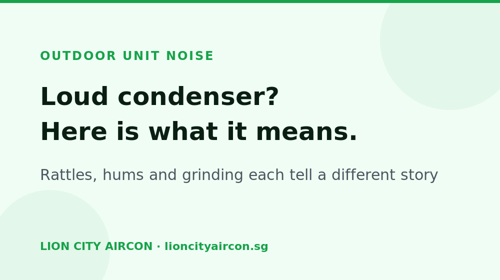The image features an outdoor condenser unit, serving as a visual reference for troubleshooting mechanical issues. It highlights the importance of identifying abnormal noises to determine what you need to know about whether a loud aircon outdoor unit is dangerous.
