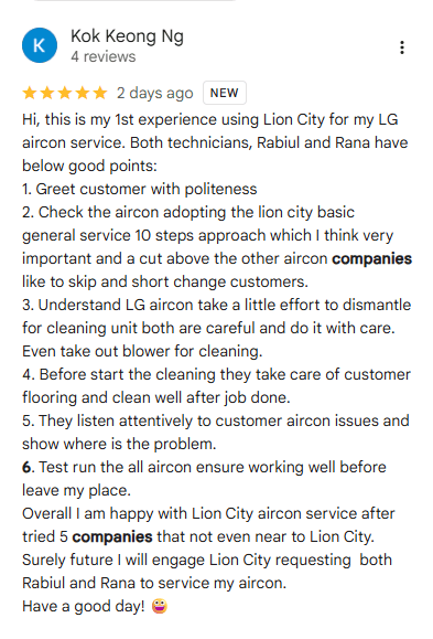 Five star Google review from a customer who tried five other aircon companies before Lion City