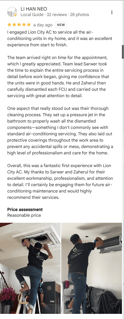 Five star Google review by Li Han describing Lion City Aircon dismantling and pressure washing every unit