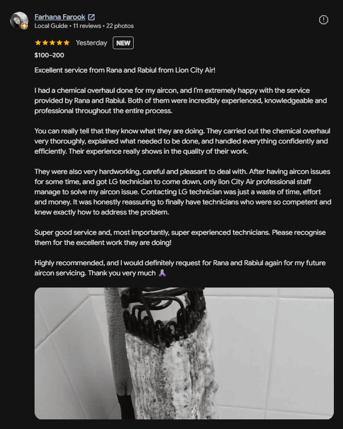 Five star Google review from Farhana Farook describing how Lion City Aircon technicians Rana and Rabiul fixed an LG aircon issue that the brand technician could not solve