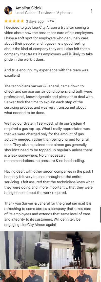 Five star Google review from Amalina Sidek describing an honest gas top up by Lion City Aircon technicians Sarwer and Jaherul